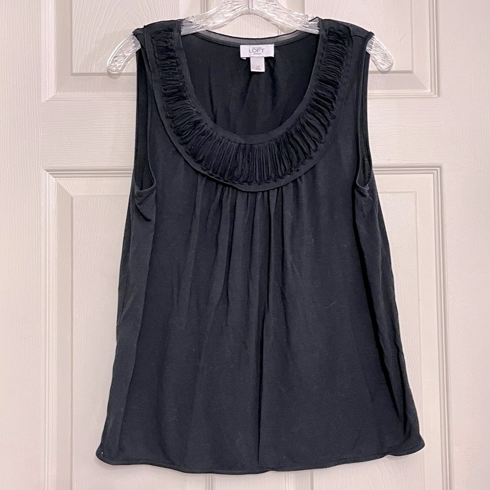 🌻3/$20 Ann Taylor Loft Mixed Media Black Tank Top with Chiffon Detail, Size LP